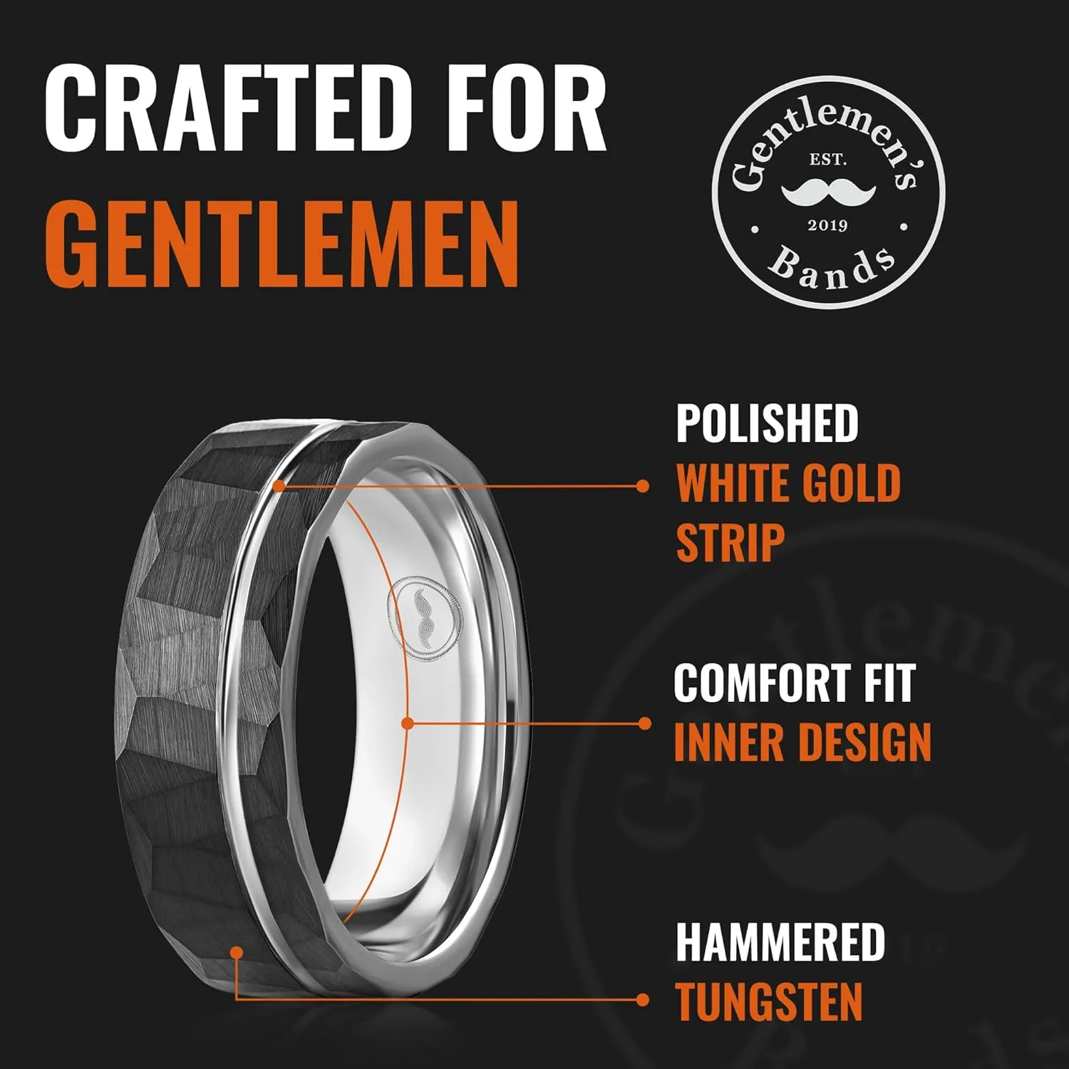 Walnut Box Men's Tungsten Carbide Wedding Band - Premium Grade Hammered Brushed Wedding Ring for Men (Black with Polished White Gold Strip) - With Silicone Band, Leather vitascope hacienda mar trumpeter third edge Pouch, & Luxury 