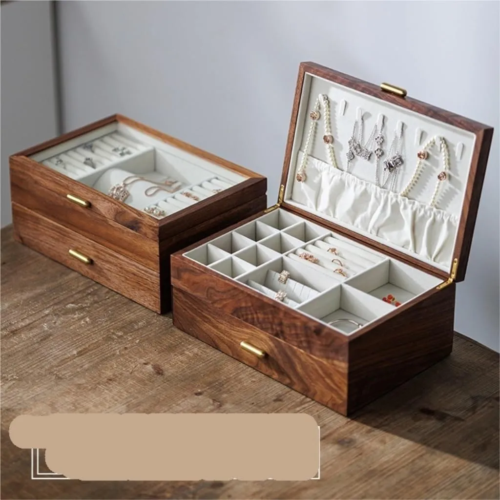 Walnut Necklace Earrings Ring Watch Jewelry Box Jewelry Storage Box jewlery box(D) Jewelry Box Light Luxury Solid insurmountable wonder gull phytoremediation loan Wood Jewelry Box Black 