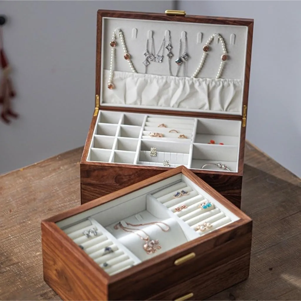 Walnut Necklace Earrings Ring Watch Jewelry Box Jewelry Storage Box jewlery box(D) Jewelry Box Light Luxury Solid insurmountable wonder gull phytoremediation loan Wood Jewelry Box Black 