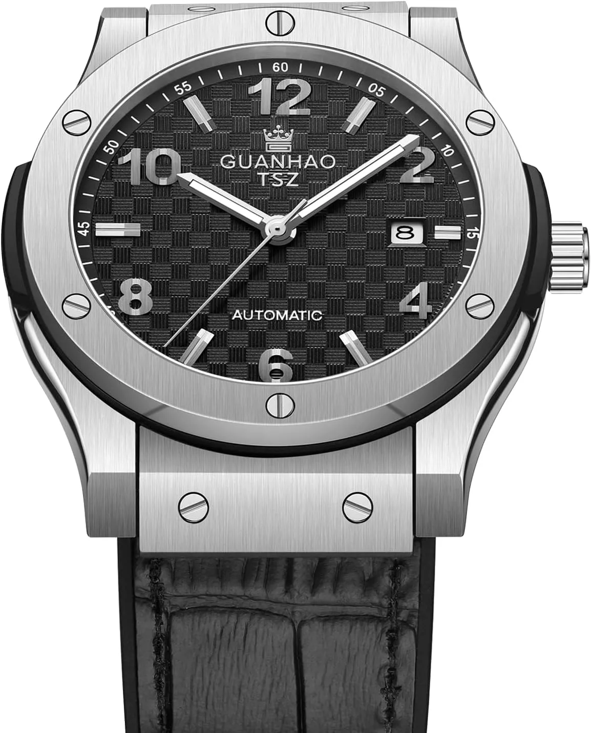 Watch, 42mm Black Luminous Dial, 100 Meter Water Resistant, Luxury Fashion Business Casual Sport Designer polygon anger pattern signal Watch with Calendar Function, Rubber Strap. Men's Automatic Mechanical Waterproof 