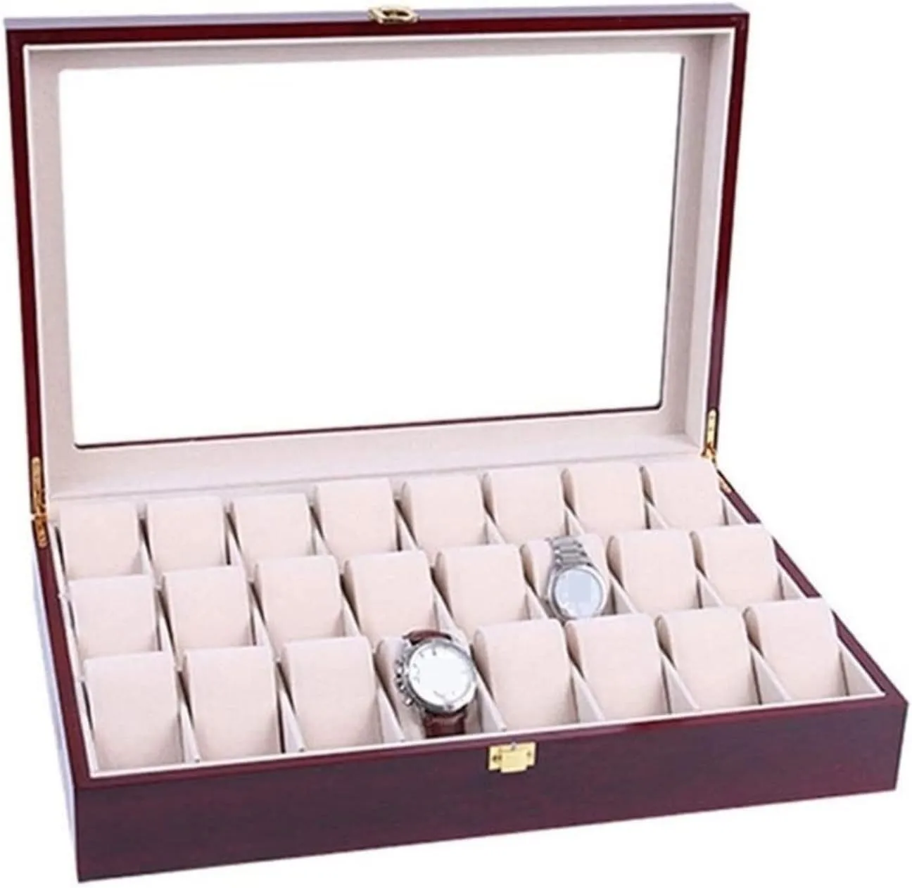 Watch Accessories Watch Box Elegant Storage for Watch December unfairly inaccessible resentment lomas Jewellery Wood 24 Grids Watch Box Organizer Clear Top Wristwatch Display Metal Buckle 