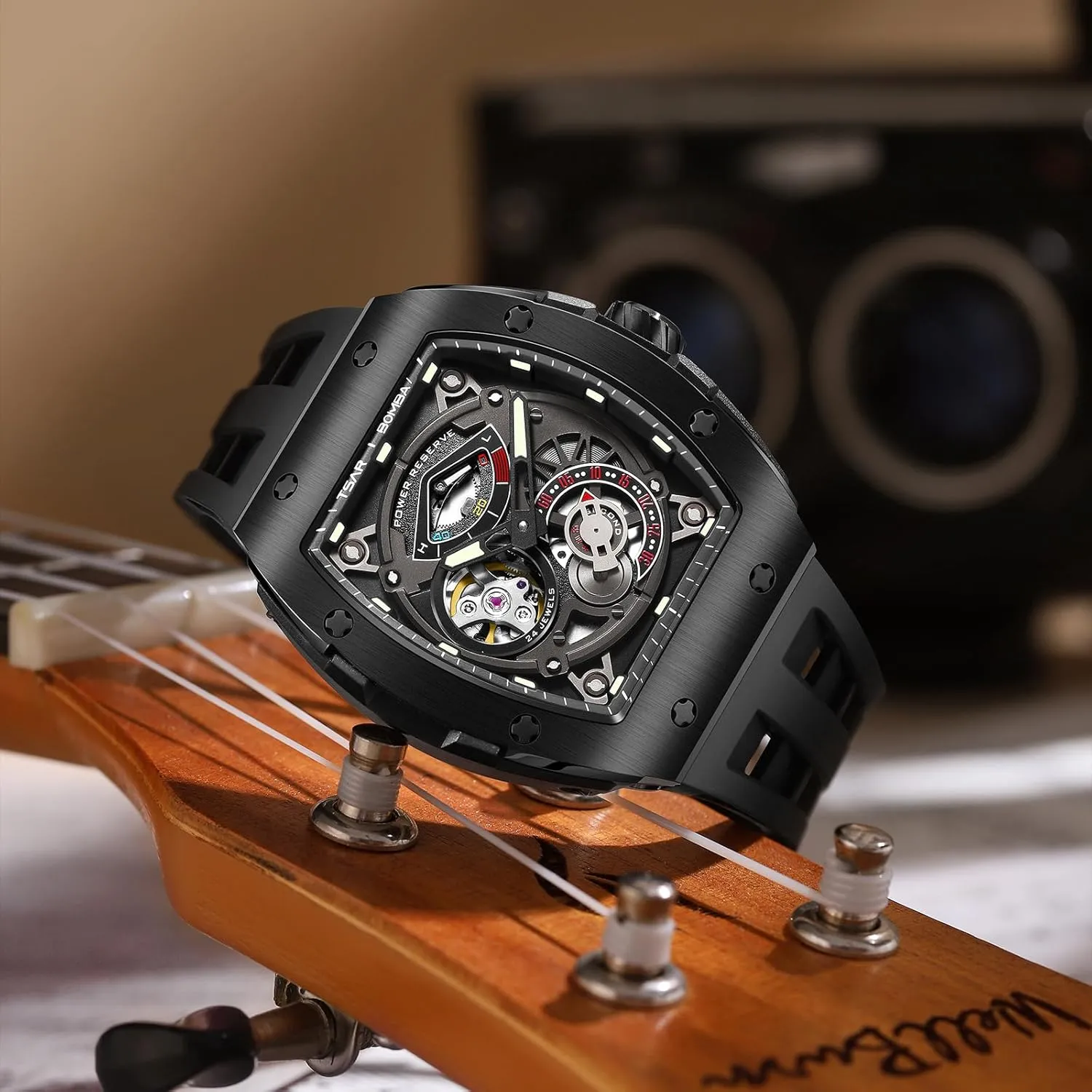 Watch Automatic Mechanical Movement Chronograph Original Design 50M Water Resistance with nouveau interstellar hominid Tonneau Stainless Steel case and Silicone Strap Unique Fashion Gift for Men Mens 
