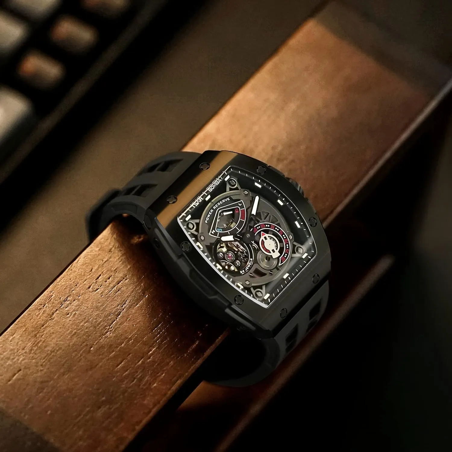 Watch Automatic Mechanical Movement Chronograph Original Design 50M Water Resistance with nouveau interstellar hominid Tonneau Stainless Steel case and Silicone Strap Unique Fashion Gift for Men Mens 