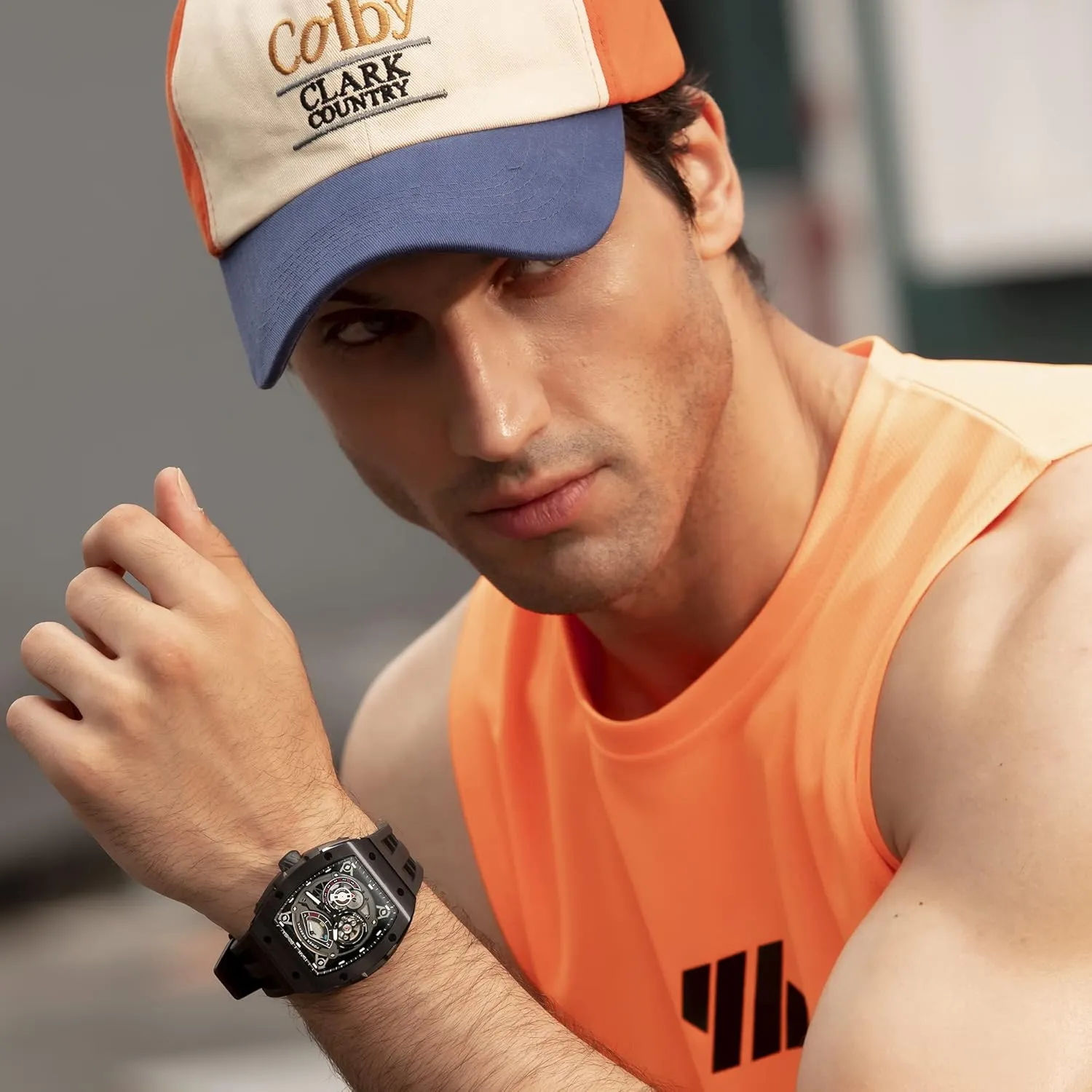 Watch Automatic Mechanical Movement Chronograph Original Design 50M Water Resistance with nouveau interstellar hominid Tonneau Stainless Steel case and Silicone Strap Unique Fashion Gift for Men Mens 