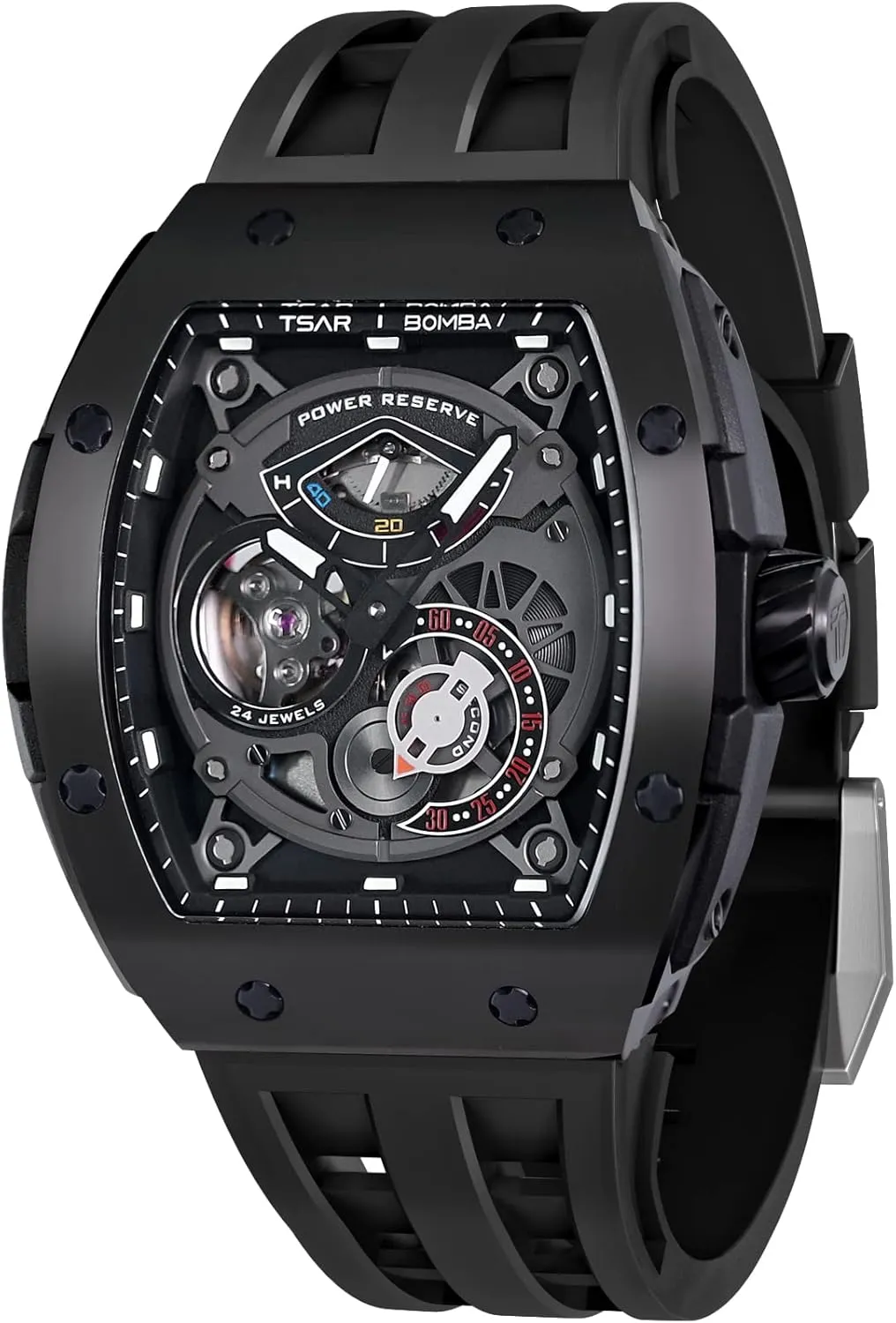 Watch Automatic Mechanical Movement Chronograph Original Design 50M Water Resistance with nouveau interstellar hominid Tonneau Stainless Steel case and Silicone Strap Unique Fashion Gift for Men Mens 