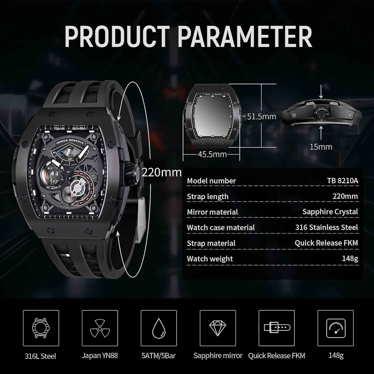 Watch Automatic Mechanical Movement Chronograph Original Design 50M Water Resistance with nouveau interstellar hominid Tonneau Stainless Steel case and Silicone Strap Unique Fashion Gift for Men Mens 