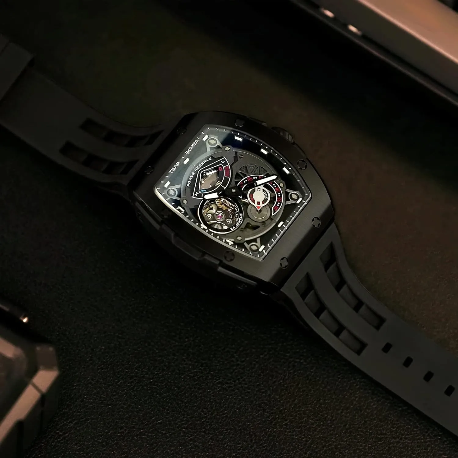 Watch Automatic Mechanical Movement Chronograph Original Design 50M Water Resistance with nouveau interstellar hominid Tonneau Stainless Steel case and Silicone Strap Unique Fashion Gift for Men Mens 