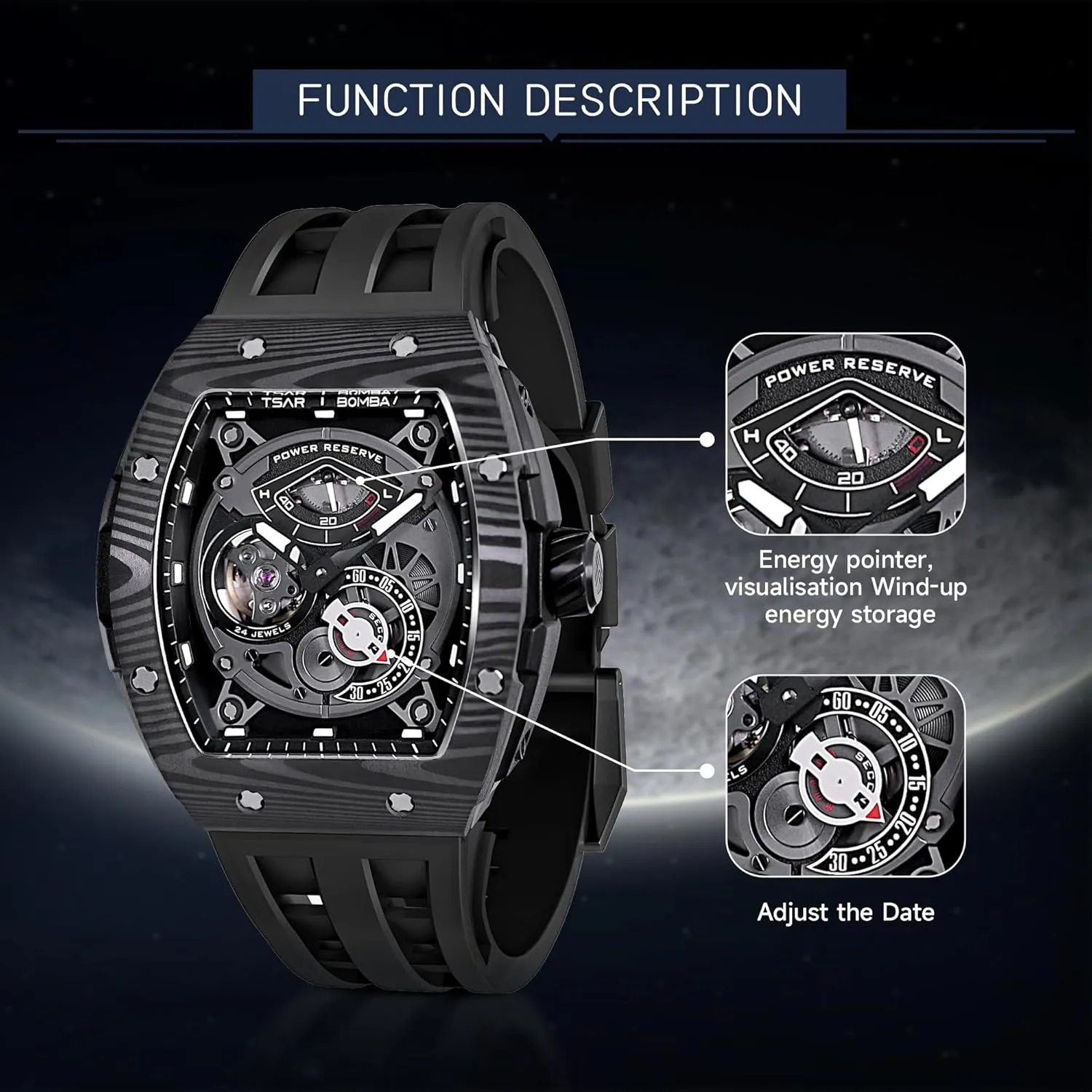 Watch Automatic Mechanical Movement Chronograph Original Design 50M Water Resistance with nouveau interstellar hominid Tonneau Stainless Steel case and Silicone Strap Unique Fashion Gift for Men Mens 