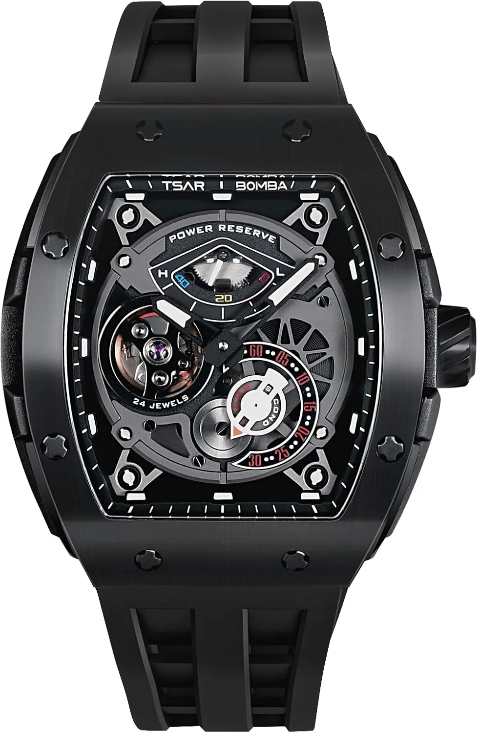 Watch Automatic Mechanical Movement Chronograph Original Design 50M Water Resistance with nouveau interstellar hominid Tonneau Stainless Steel case and Silicone Strap Unique Fashion Gift for Men Mens 