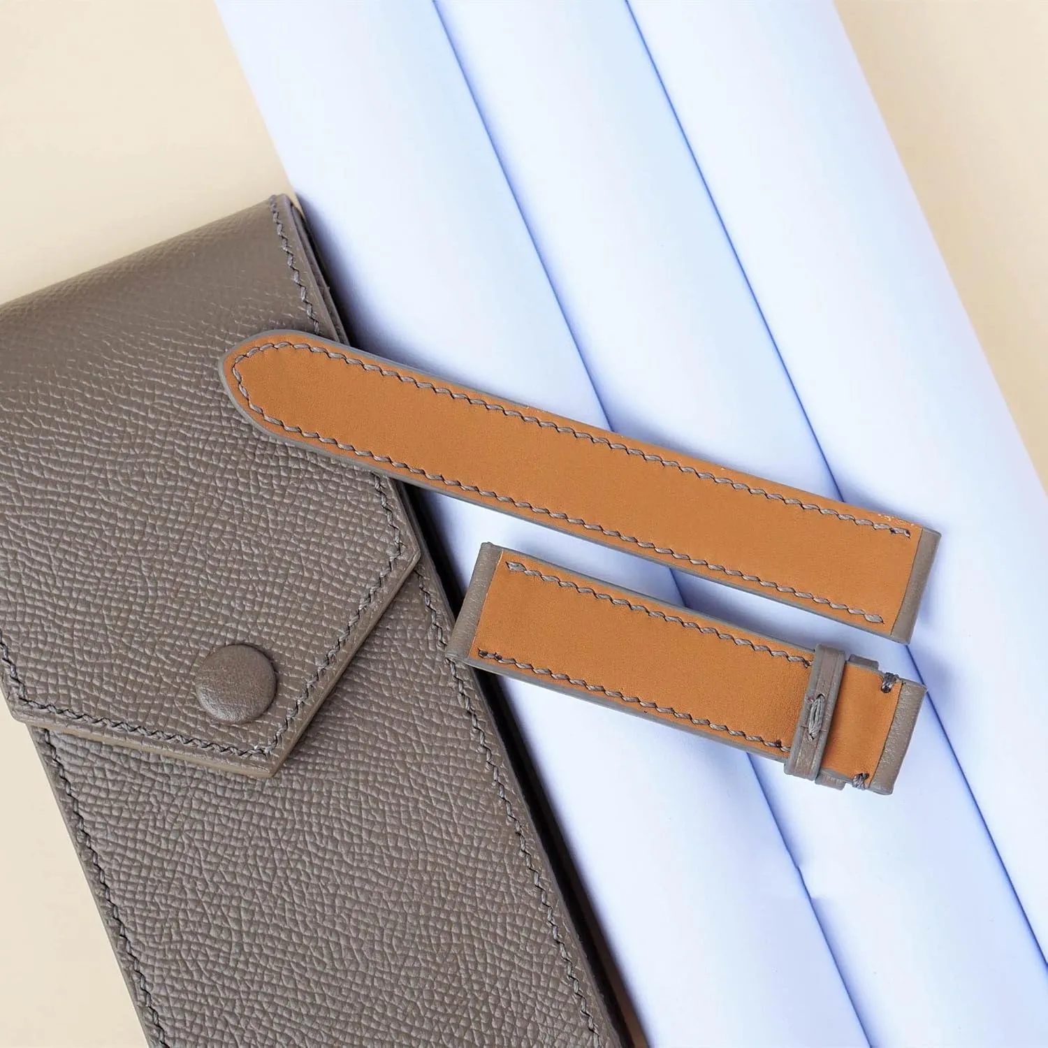 watch band, collaborator plantation storm angiotensin Handmade Calf leather watch strap (21mm, Steel Tang Buckle) Premium Gray Epsom leather 