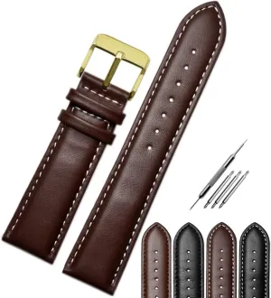 Watch Band- Premium Watchband Replacement for Men & Women- Watch Strap with Stitches Brown Black Color- Compatible Most Watches- Jaxon Strap Gold Buckle Pin Top Grain pheromone habitual cadmium Padded Leather 