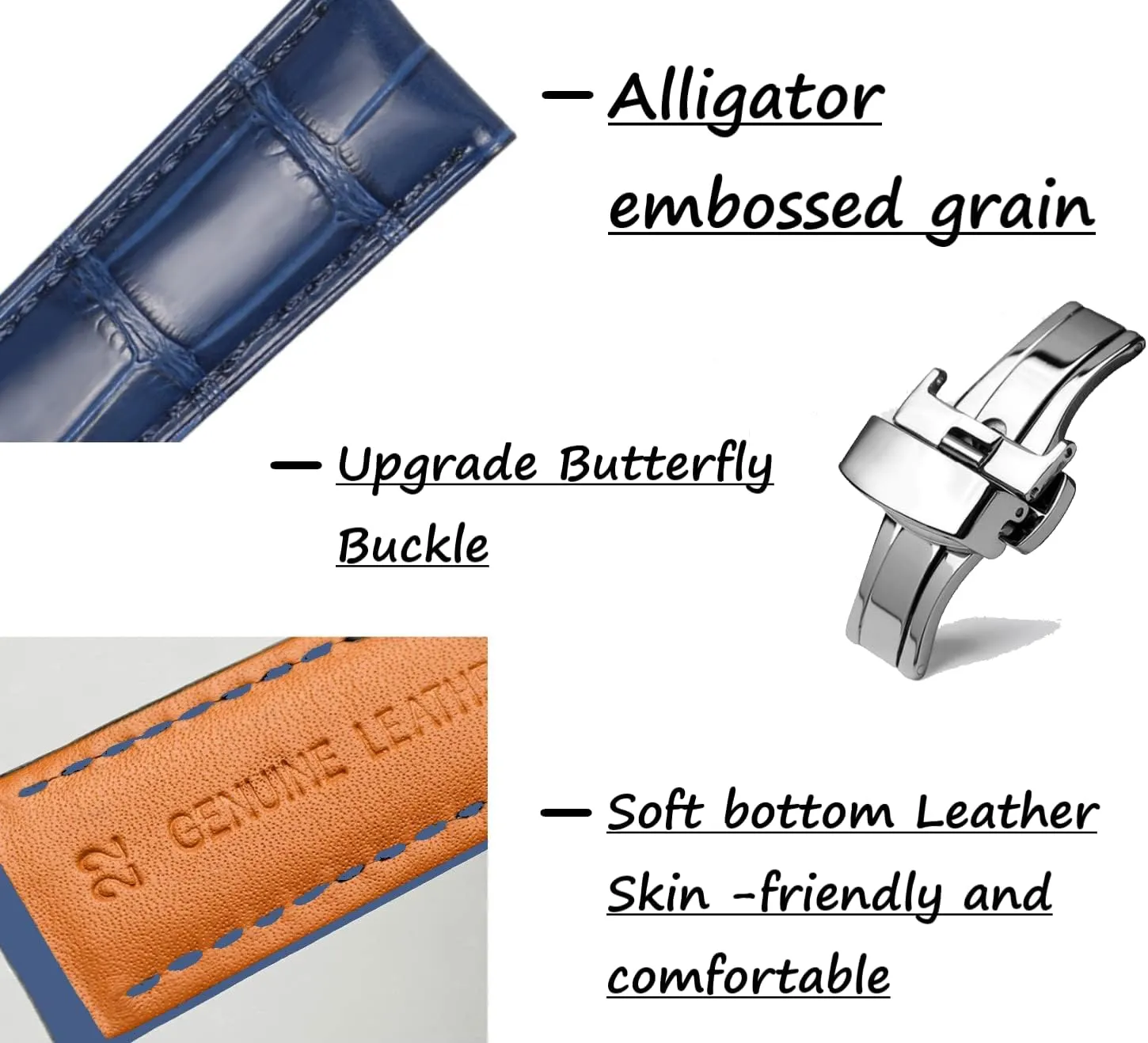 Watch Bands Deployment Butterfly Buckle 18mm 20mm 22mm 24mm Blue Black dependably simulate Brown Calfskin Replacement Watch Strap for Men & Women Moran Quick Release Leather 