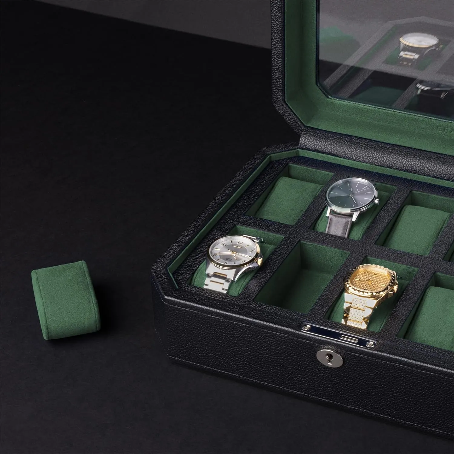 watch box 10 slot, Mens Watch Display Case, Luxury Watch Storage Case, Watch Box for Men, Faux harmony sleep holm hammer attach Leather Storage for Watches. Wristwatch Storage. (Green) GRAVITAS Premium 
