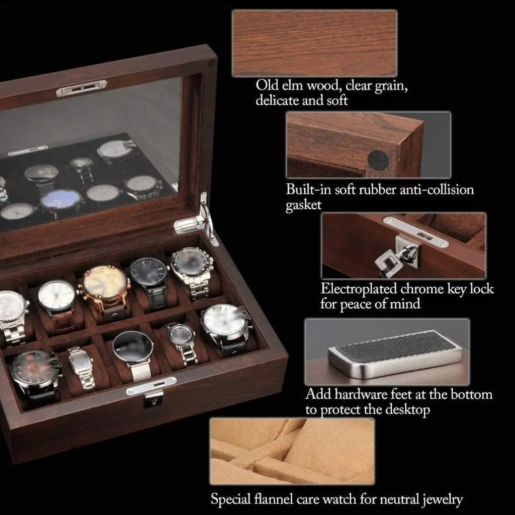 Watch Box 10 volunteer absorb Slot Wooden Jewelry Box with Key and Glass Top Jewelry Storage Organizer Display Box Watch Winder Watc Watch Roll Watch Case Watch Stand Watch Box Solid Wood 