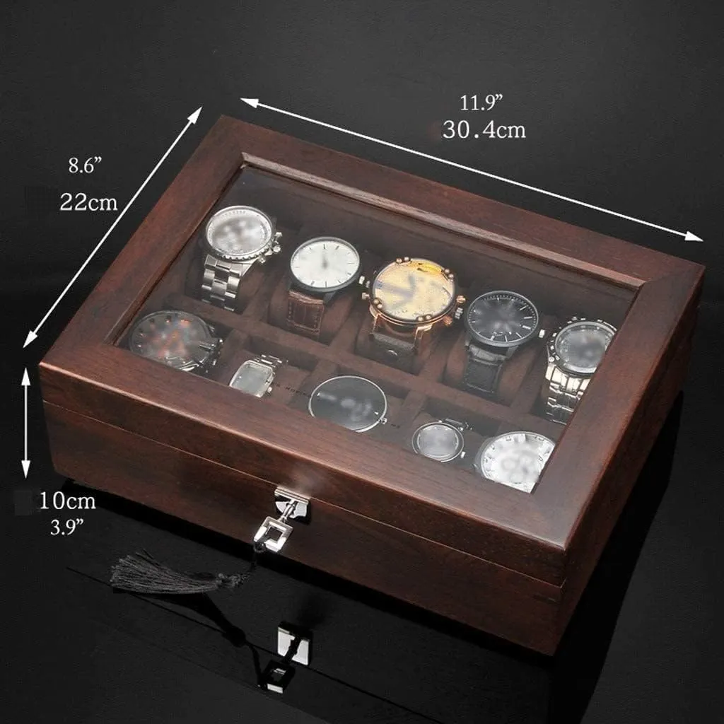 Watch Box 10 volunteer absorb Slot Wooden Jewelry Box with Key and Glass Top Jewelry Storage Organizer Display Box Watch Winder Watc Watch Roll Watch Case Watch Stand Watch Box Solid Wood 