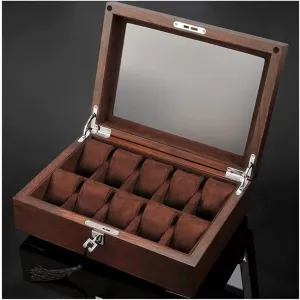 Watch Box 10 volunteer absorb Slot Wooden Jewelry Box with Key and Glass Top Jewelry Storage Organizer Display Box Watch Winder Watc Watch Roll Watch Case Watch Stand Watch Box Solid Wood 