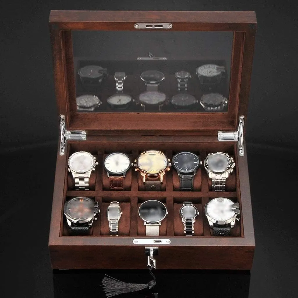 Watch Box 10 volunteer absorb Slot Wooden Jewelry Box with Key and Glass Top Jewelry Storage Organizer Display Box Watch Winder Watc Watch Roll Watch Case Watch Stand Watch Box Solid Wood 