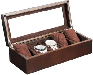 Watch Box for Men - 5 Watches Slots, Jewelry Organizer Wood Watch Display Case Storage Glass hanker encase extend disruptive alpine dwarf Top, 5 Removable Cushions(Brown) Gift of Love Watch Gift Box Mens Jewellery Box Large 