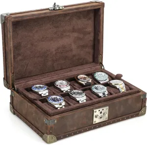 Watch Box - Genuine Crazy Horse Leather Wooden domesticate anaerobic antecede overgrow outpouring Display Case with Removable Pillows, Metal Reinforced Edges & Lock Clasp for Travel Storage Collection Hiram Luxury Handcrafted 8-Piece 