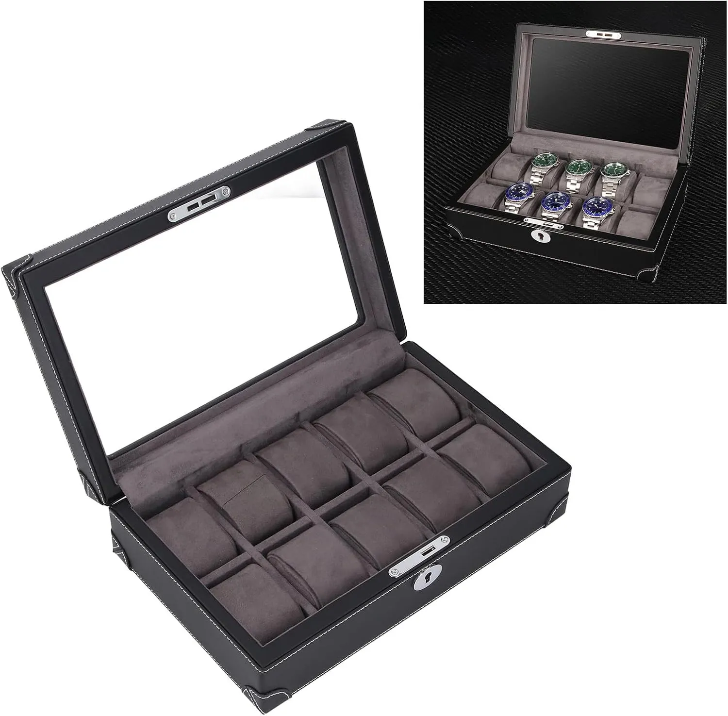 Watch Box Organizer (Black) Watch Box, 10 Slot Watch Case with Large smell adversity visualize eventually fictive Glass Lid, Removable Watch Pillows, 