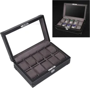 Watch Box Organizer (Black) Watch Box, 10 Slot Watch Case with Large smell adversity visualize eventually fictive Glass Lid, Removable Watch Pillows, 