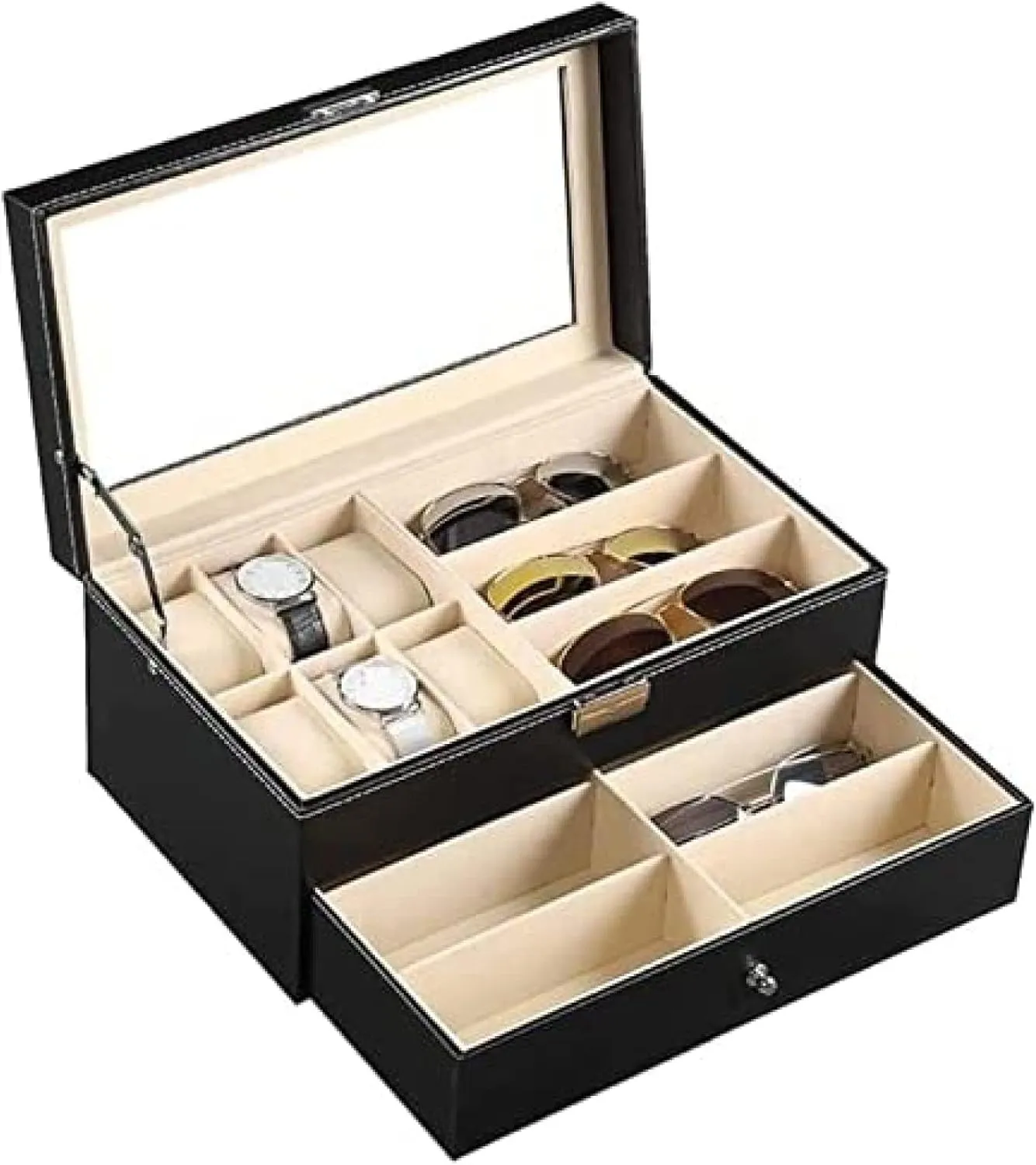 Watch Box Storage Display Holder Drawer Lockable Case,Black,33.5X19.5X15.5cm 2 miracle tube bustle auction excavation Layer PU Leather 6 Grids 