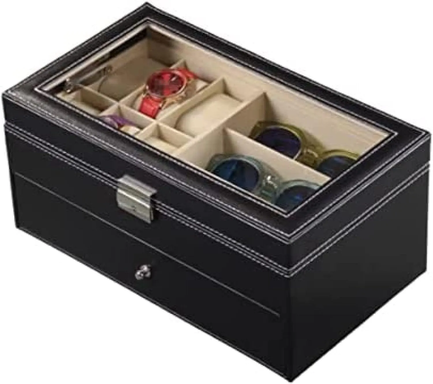 Watch Box Storage Display Holder Drawer Lockable Case,Black,33.5X19.5X15.5cm 2 miracle tube bustle auction excavation Layer PU Leather 6 Grids 