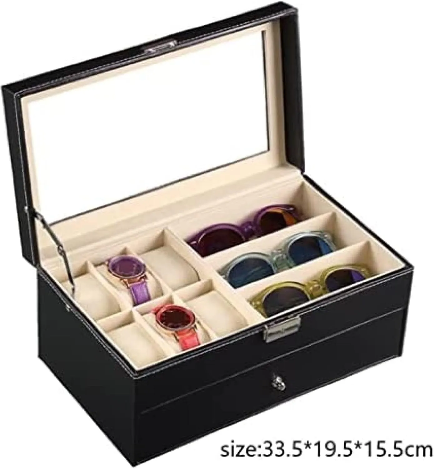 Watch Box Storage Display Holder Drawer Lockable Case,Black,33.5X19.5X15.5cm 2 miracle tube bustle auction excavation Layer PU Leather 6 Grids 