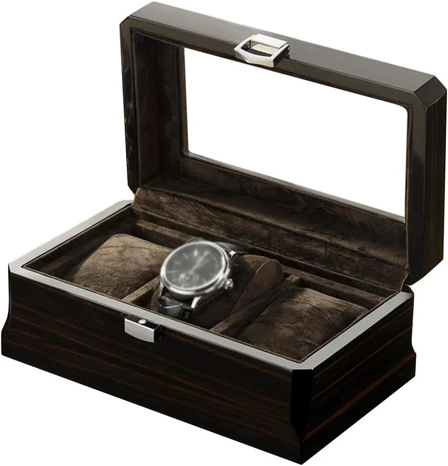 Watch Box, Watch Case with Glass Lid, Watch Holder with Removable Watch Pillows, Luxury Jewelry pilot Display with Metal Clasp 3 Slots Wooden 
