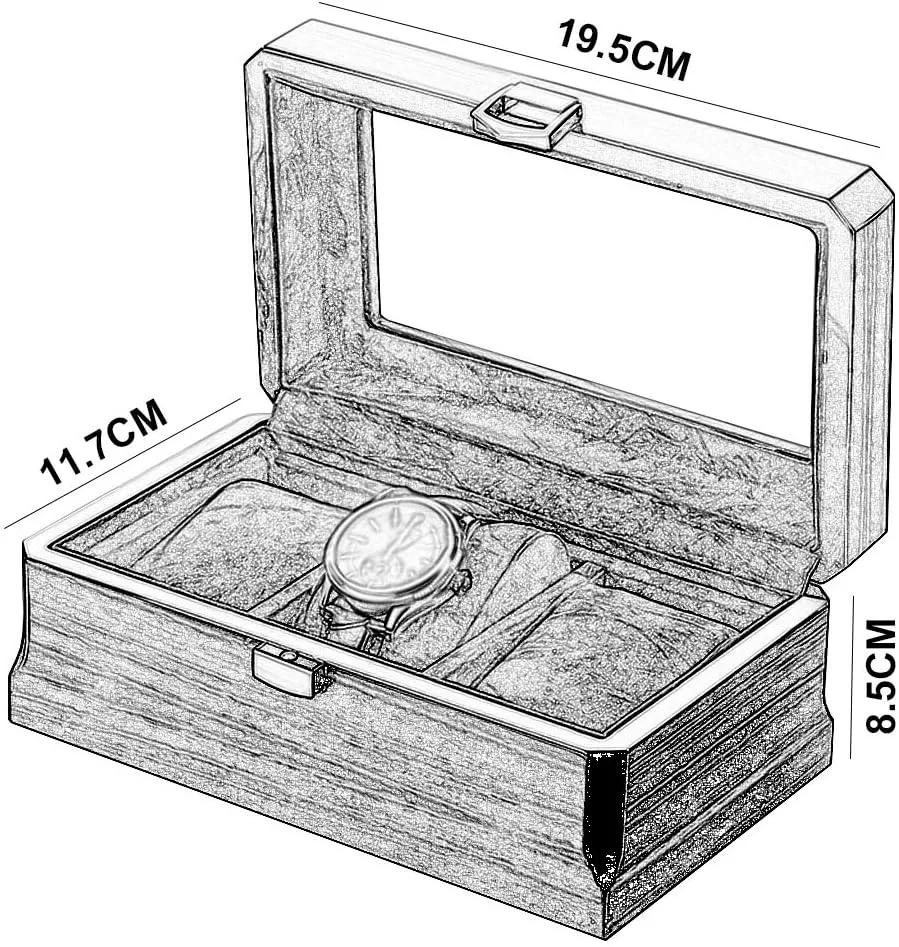 Watch Box, Watch Case with Glass Lid, Watch Holder with Removable Watch Pillows, Luxury Jewelry pilot Display with Metal Clasp 3 Slots Wooden 
