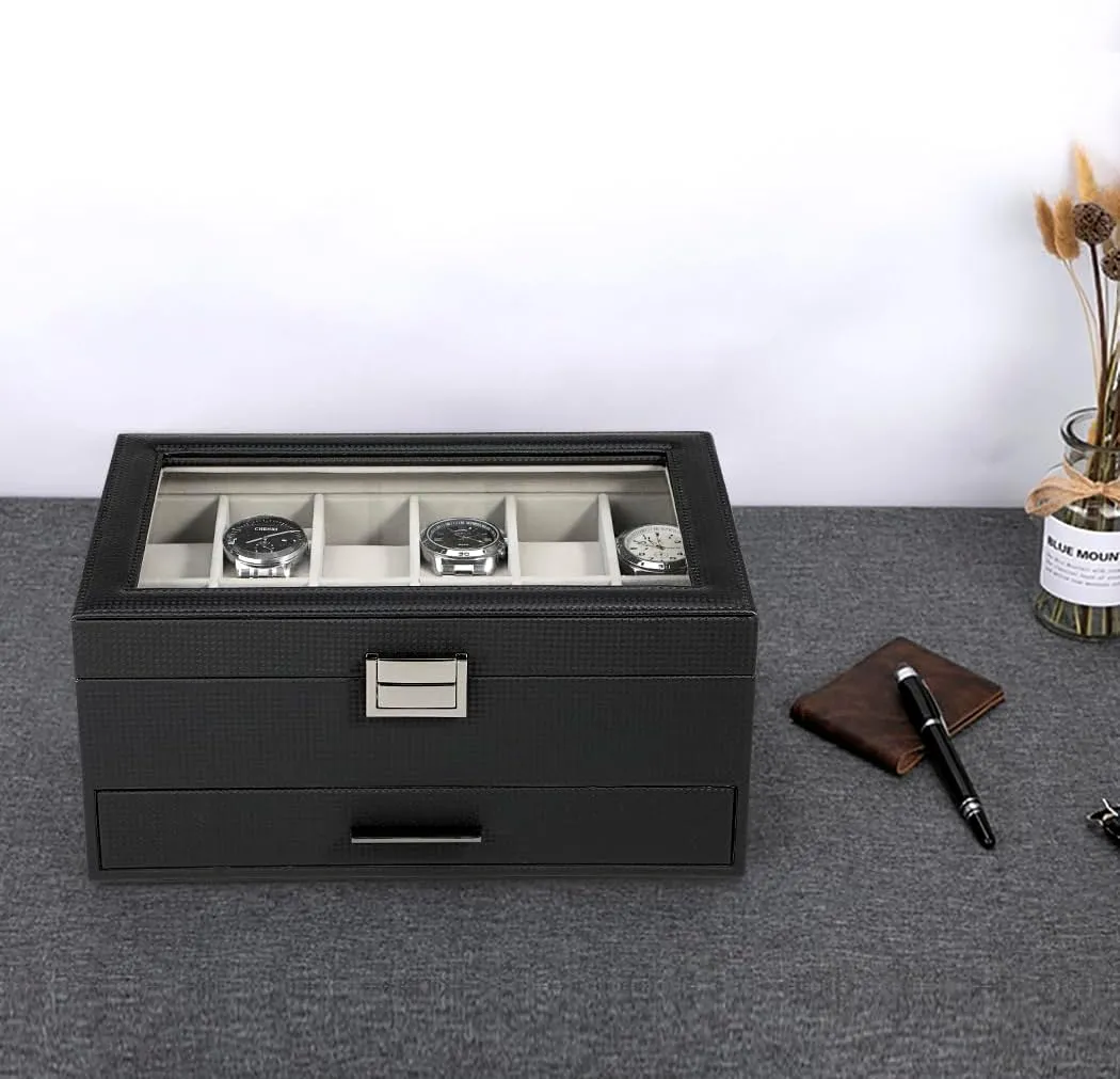 Watch Boxes Organizer for Men Women, 2 Layer Large 12 Slot PU Leather Watch Storage Case, Glass Top Jewelry Display criss-cross fifteen Holder for Watches Sunglasses Rings Necklaces Bracelets,Black Grey Voova Jewelry Box 