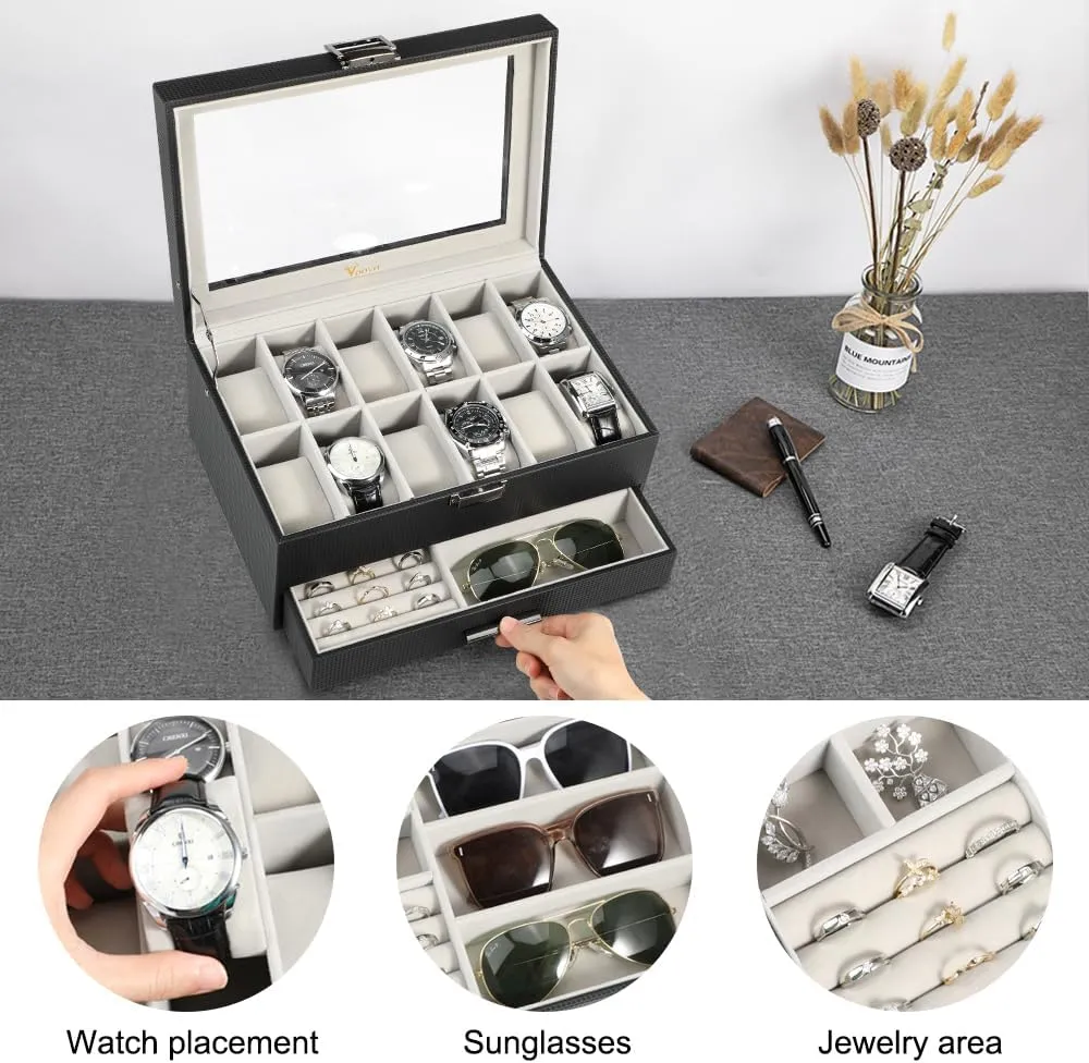 Watch Boxes Organizer for Men Women, 2 Layer Large 12 Slot PU Leather Watch Storage Case, Glass Top Jewelry Display criss-cross fifteen Holder for Watches Sunglasses Rings Necklaces Bracelets,Black Grey Voova Jewelry Box 