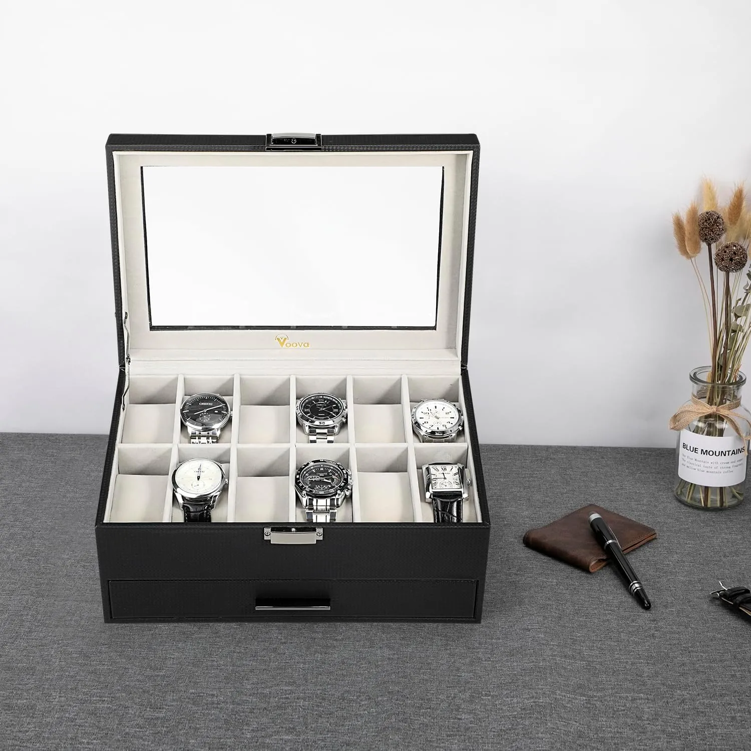 Watch Boxes Organizer for Men Women, 2 Layer Large 12 Slot PU Leather Watch Storage Case, Glass Top Jewelry Display criss-cross fifteen Holder for Watches Sunglasses Rings Necklaces Bracelets,Black Grey Voova Jewelry Box 