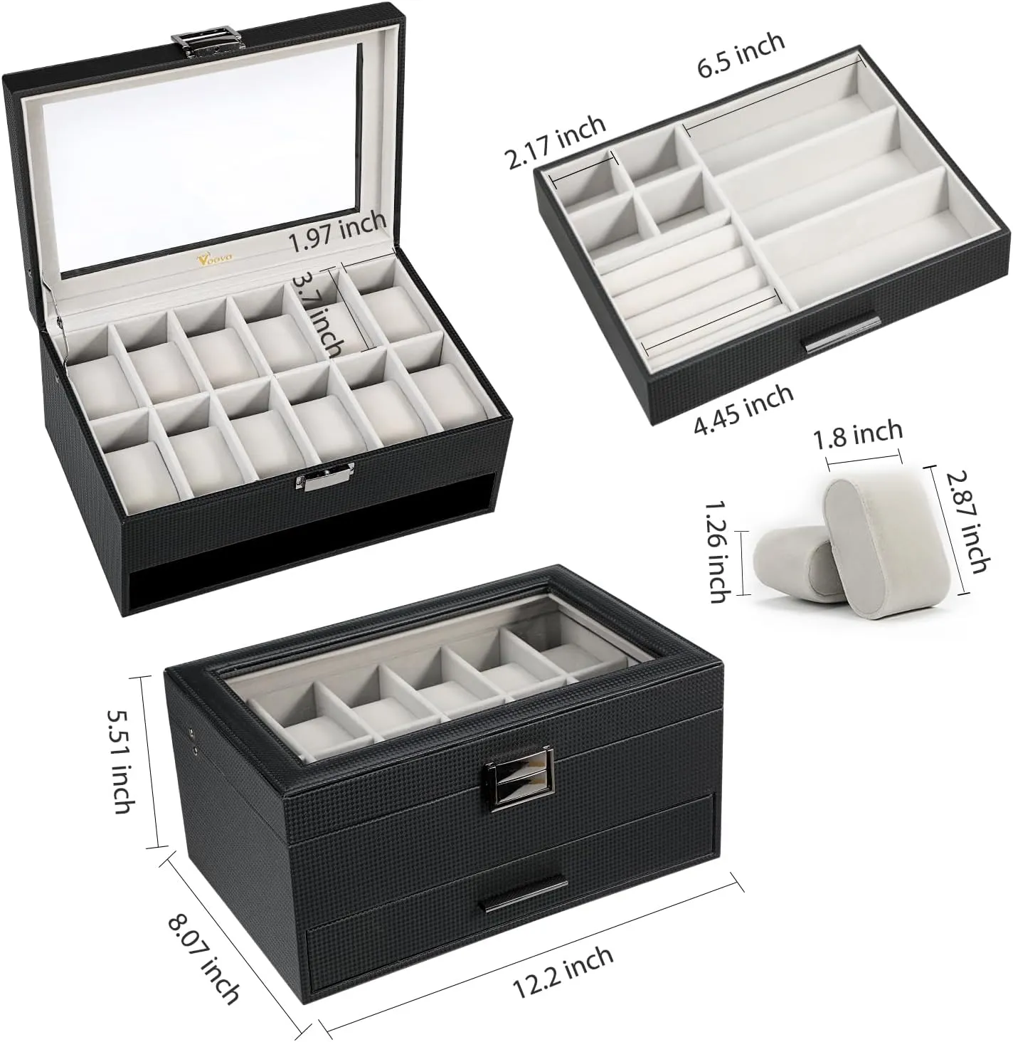 Watch Boxes Organizer for Men Women, 2 Layer Large 12 Slot PU Leather Watch Storage Case, Glass Top Jewelry Display criss-cross fifteen Holder for Watches Sunglasses Rings Necklaces Bracelets,Black Grey Voova Jewelry Box 