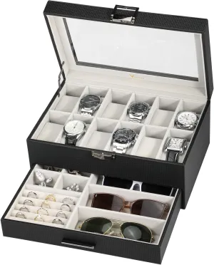 Watch Boxes Organizer for Men Women, 2 Layer Large 12 Slot PU Leather Watch Storage Case, Glass Top Jewelry Display criss-cross fifteen Holder for Watches Sunglasses Rings Necklaces Bracelets,Black Grey Voova Jewelry Box 