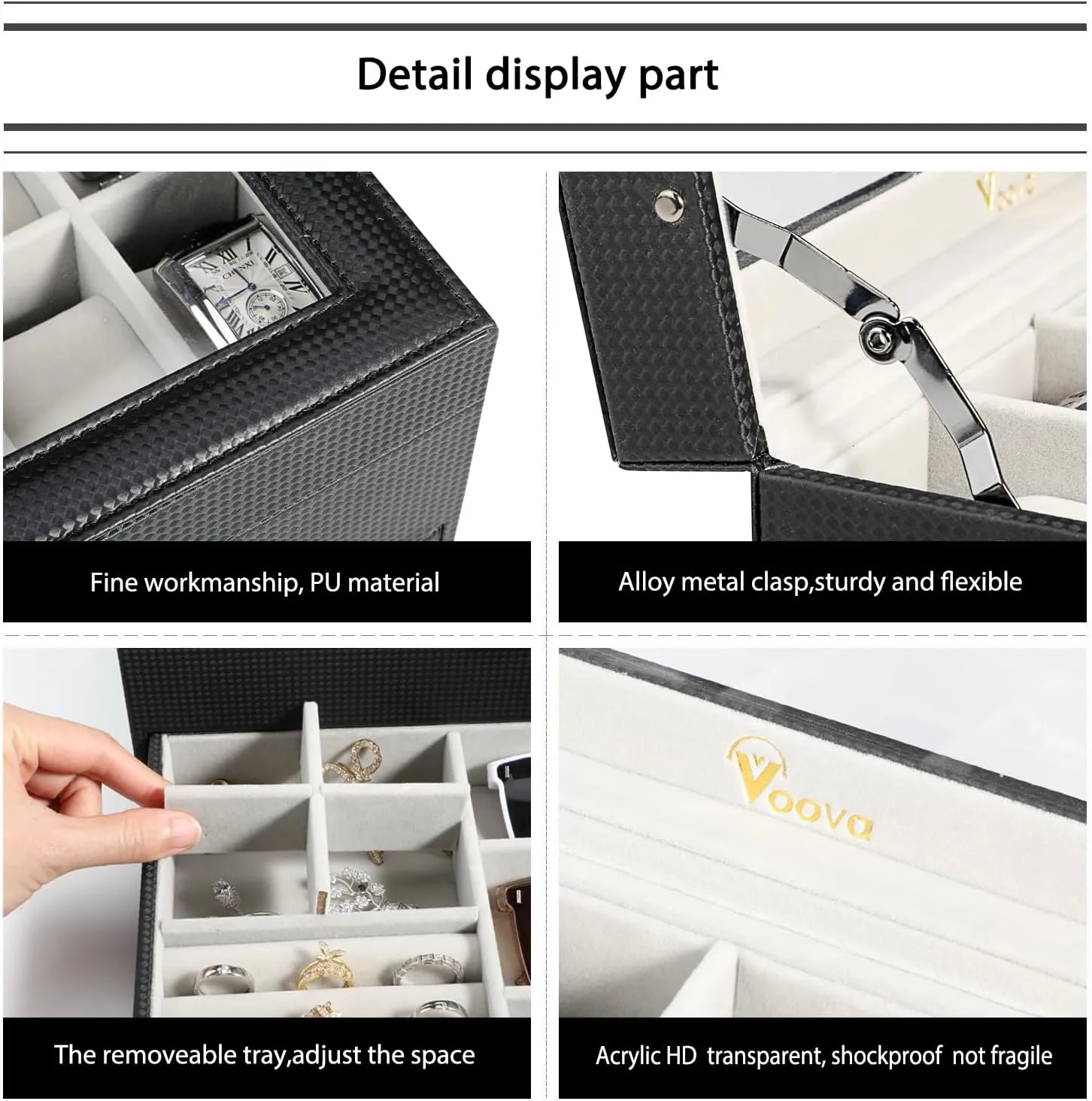 Watch Boxes Organizer for Men Women, 2 Layer Large 12 Slot PU Leather Watch Storage Case, Glass Top Jewelry Display criss-cross fifteen Holder for Watches Sunglasses Rings Necklaces Bracelets,Black Grey Voova Jewelry Box 