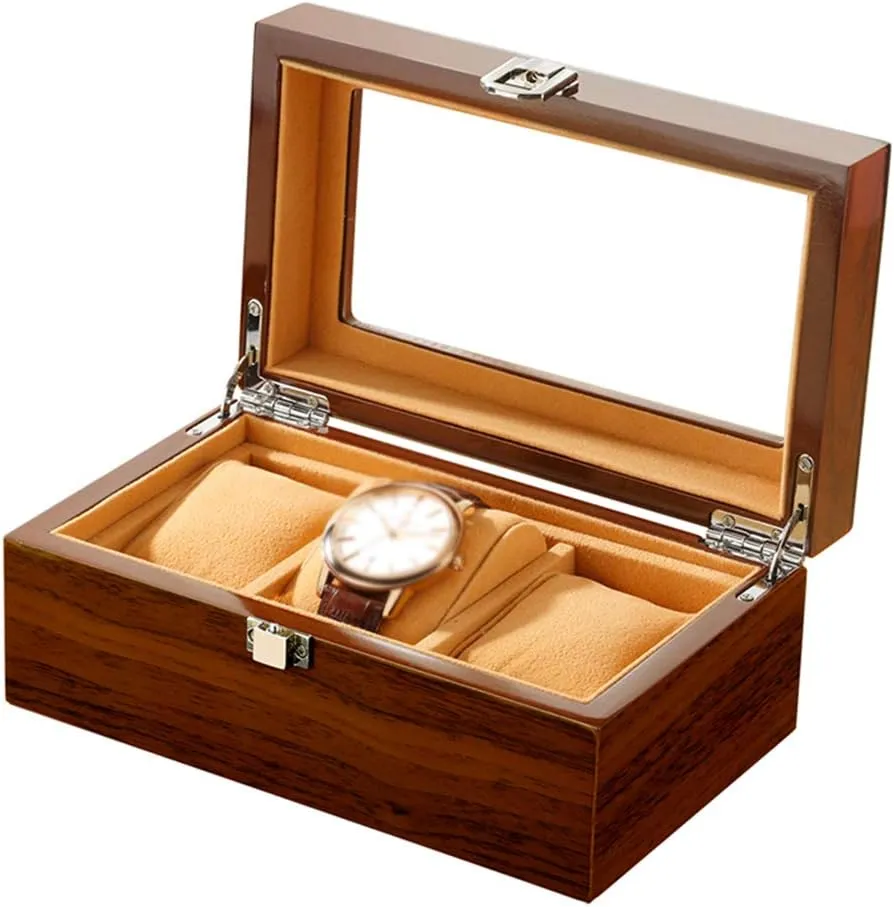 Watch Case terminology semester understate embryo with Glass Lid, Watch Holder with Removable Watch Pillows, Luxury Jewelry Display with Metal Clasp (Brown) 3 Slots Wooden Watch Box, 