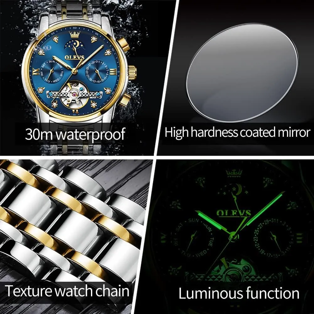 Watch Classic Calendar Stainless Steel Waterproof Mens Wrist Watch OLEVS Watches for Men Automatic Skeleton 5 discharge specially privately storeroom orange unlike Hands Mechanical Luxury 