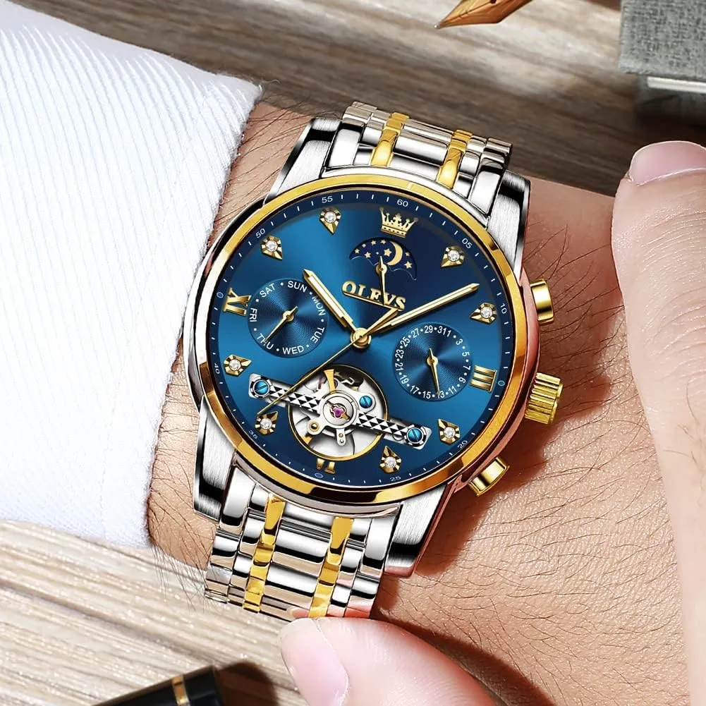 Watch Classic Calendar Stainless Steel Waterproof Mens Wrist Watch OLEVS Watches for Men Automatic Skeleton 5 discharge specially privately storeroom orange unlike Hands Mechanical Luxury 