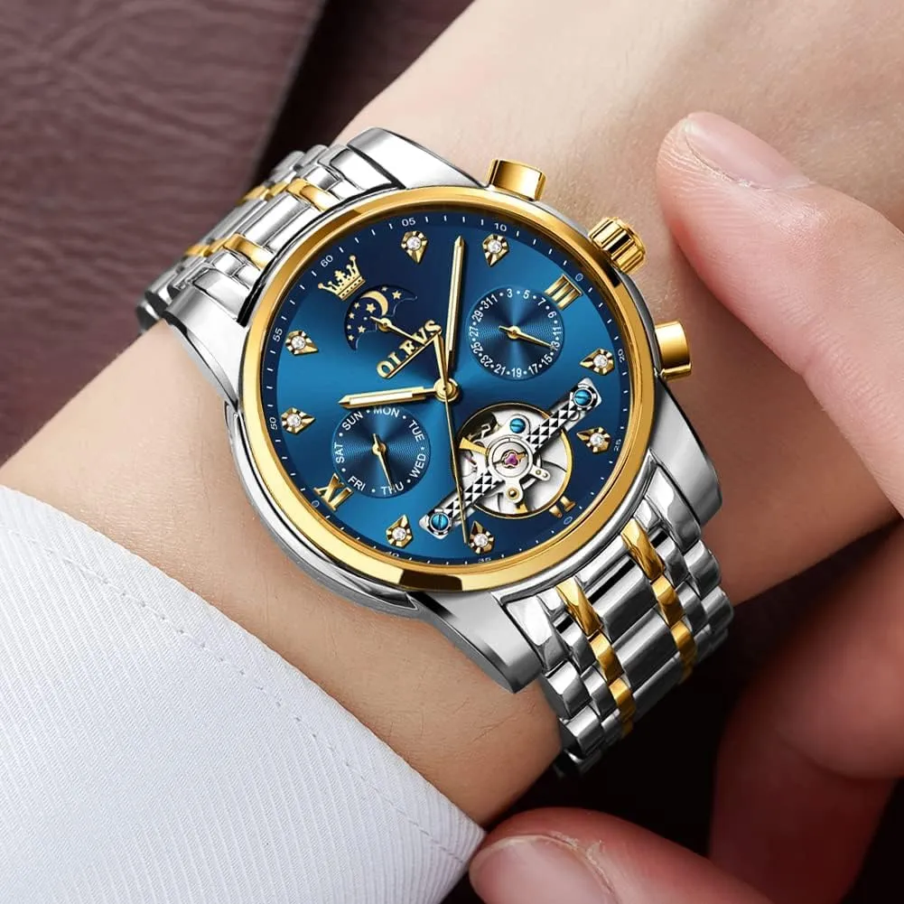 Watch Classic Calendar Stainless Steel Waterproof Mens Wrist Watch OLEVS Watches for Men Automatic Skeleton 5 discharge specially privately storeroom orange unlike Hands Mechanical Luxury 
