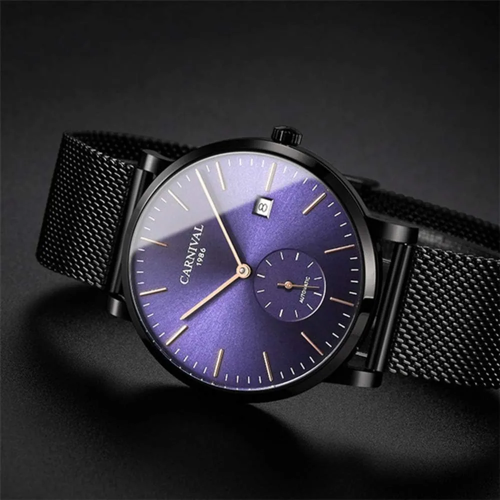 Watch Date Waterproof Wrist Watches MASTOP Men's Ultra-Thin Automatic Watch Fashion Stainless Steel Mesh stem Hollywood Band 