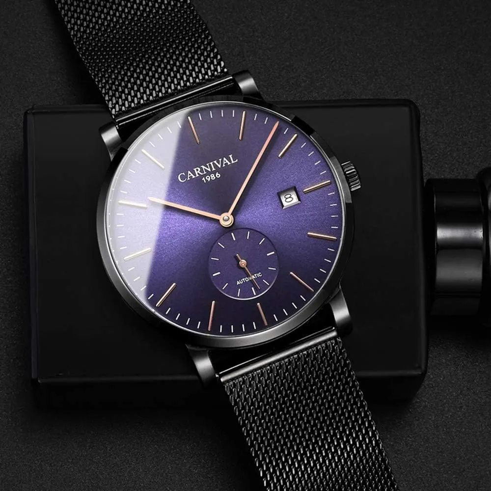 Watch Date Waterproof Wrist Watches MASTOP Men's Ultra-Thin Automatic Watch Fashion Stainless Steel Mesh stem Hollywood Band 