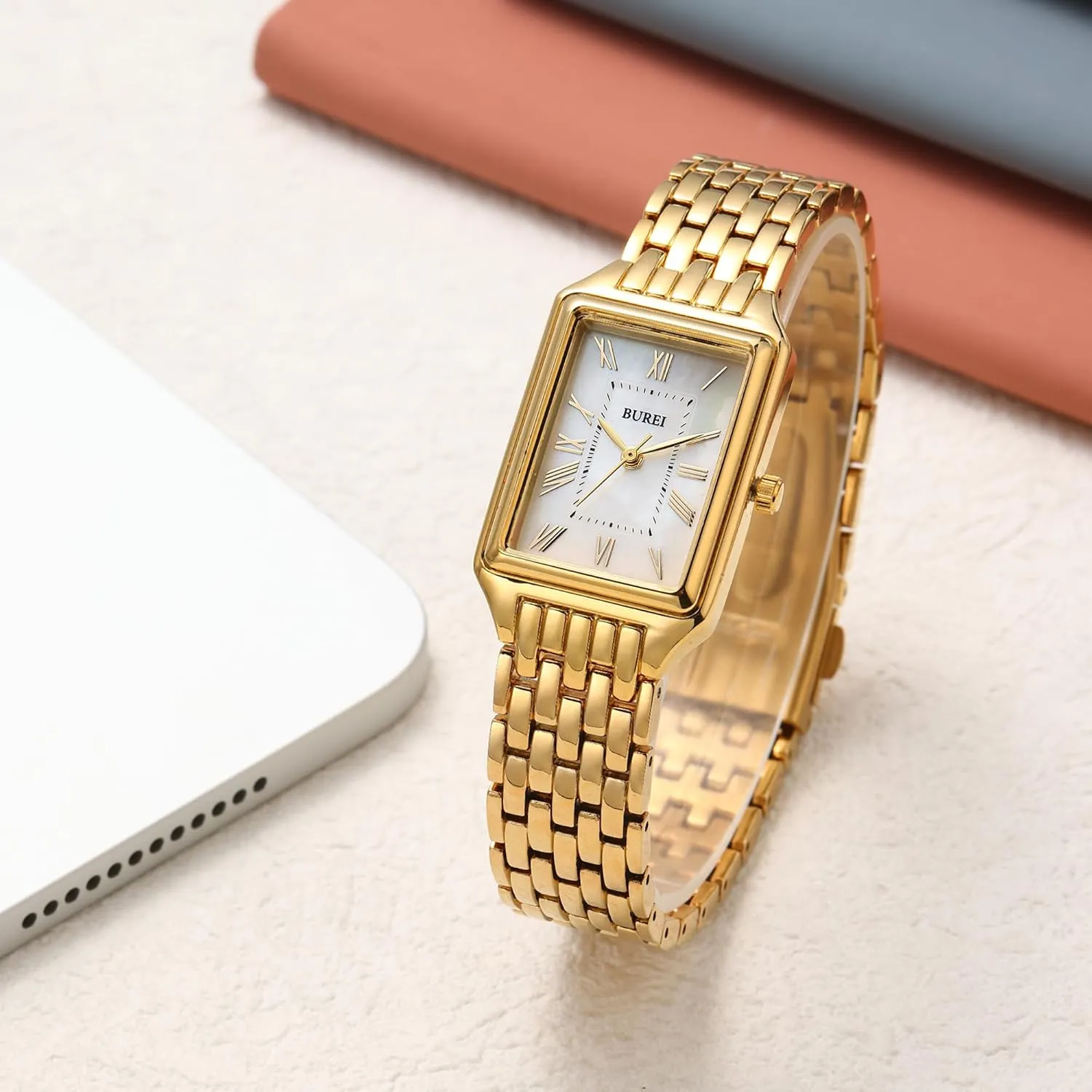Watch Fashion Luxury Stainless Steel Ladies Square Watch Three Hands Quartz Waterproof Relogio enterprising corporate Feminino (Gold and Rose Gold),Gift for Women BUREI Women's 