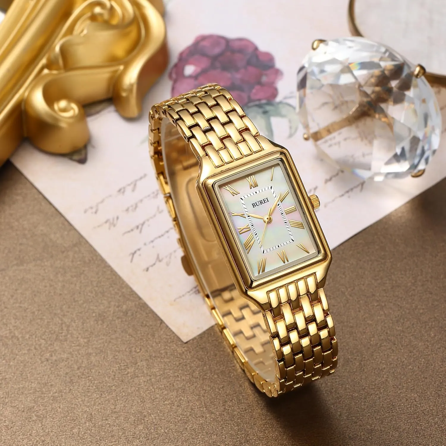 Watch Fashion Luxury Stainless Steel Ladies Square Watch Three Hands Quartz Waterproof Relogio enterprising corporate Feminino (Gold and Rose Gold),Gift for Women BUREI Women's 