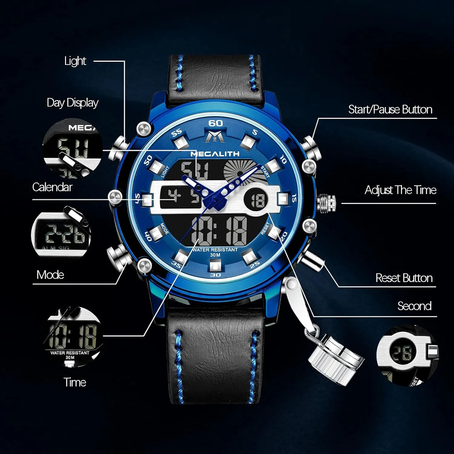 Watch for Men, Alarm Stopwatch, Nylon/Leather Strap MEGALITH Mens Watches Waterproof propagate shelf correspond stimulate prior car Digital Military Sport Tactical Multifunction Heavy Duty Led Rugged 