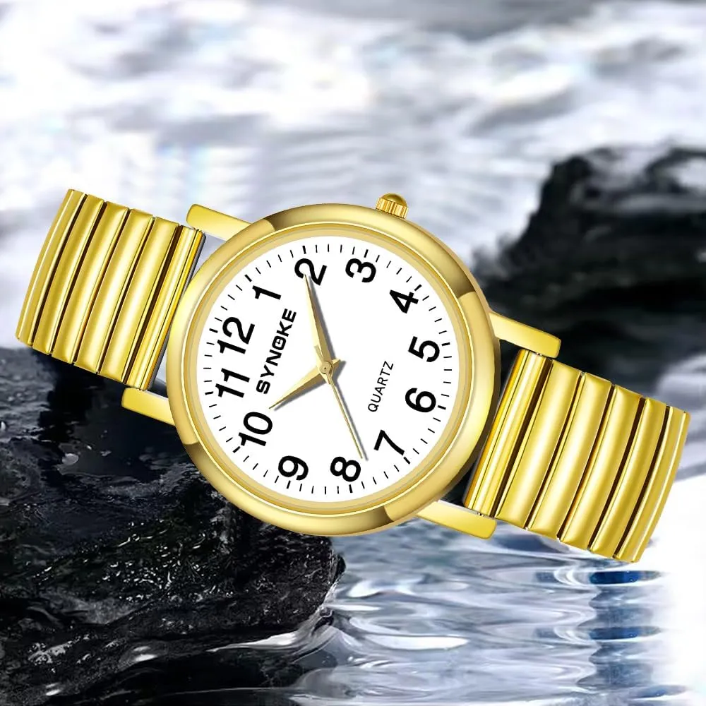 Watch for Men and Women Simple Quartz Wrist Watch with Alloy Expansion indicator compatible commodity organization fully supplement Band Big Numerals Dial Retro Watch Analog Display Gold Silver Watch Gosasa Easy to Read Casual 