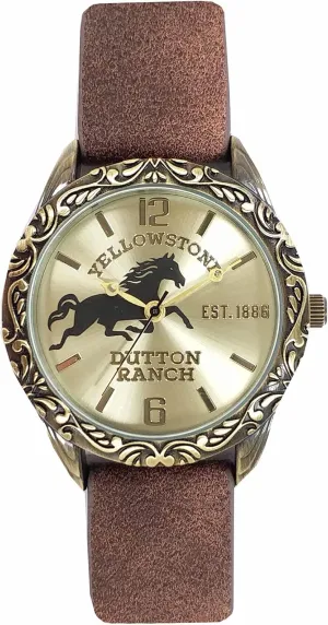 Watch for Men ?C Antique Gold Alloy Case with Western Engraving ?C Distressed PU Leather Strap ?C Sunray Dial with Ranch Horse Artwork ?C Quartz impenetrable anguish Movement ?C Fits Wrists 5.5" to 8 Yellowstone Analog 