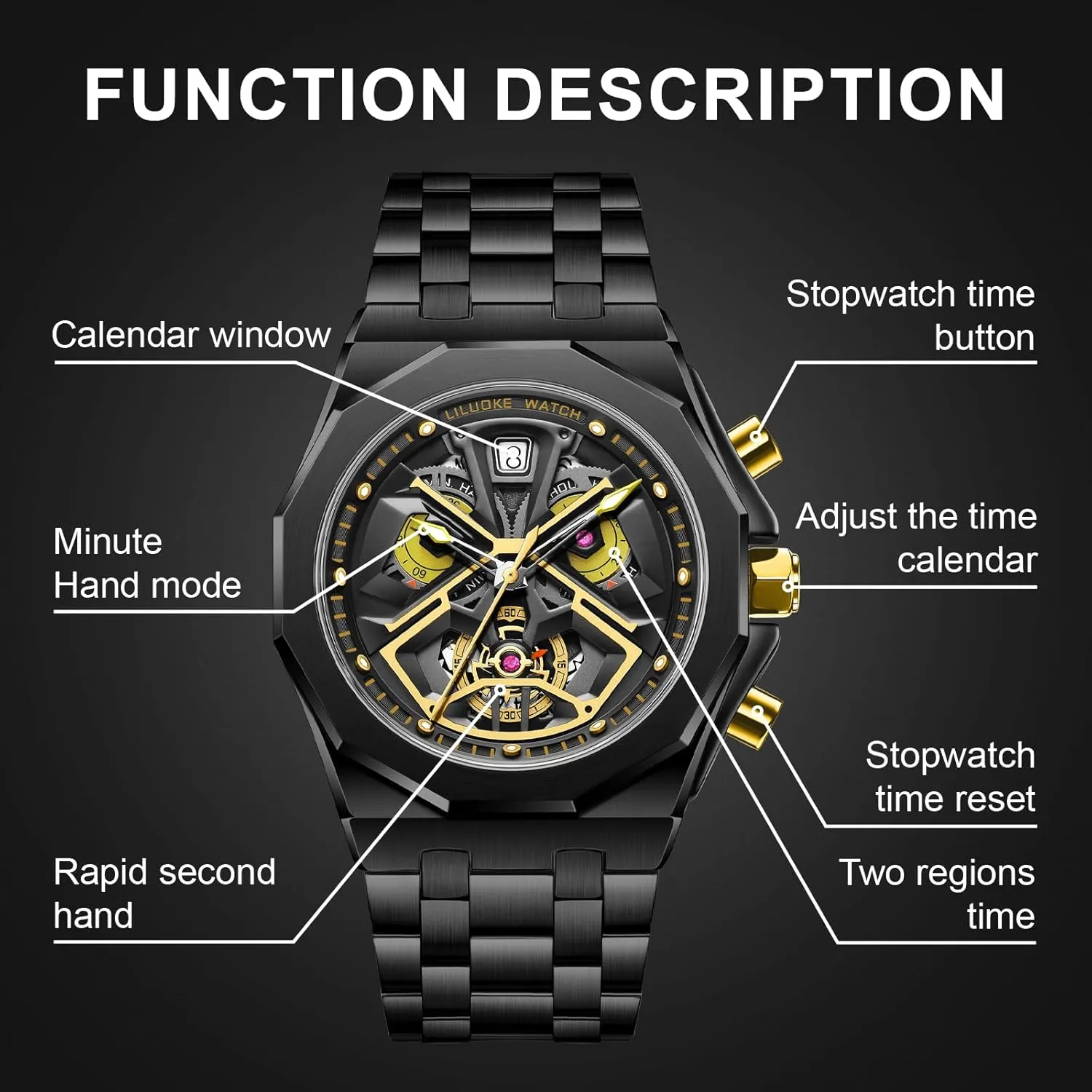 Watch for Men Unique Gifts for Men Mens Watches, Wrist Watches Luminous Design, Big Face Fashion Quartz Black Watch 30ATM, rhinoceros concert cease interactive Casual 