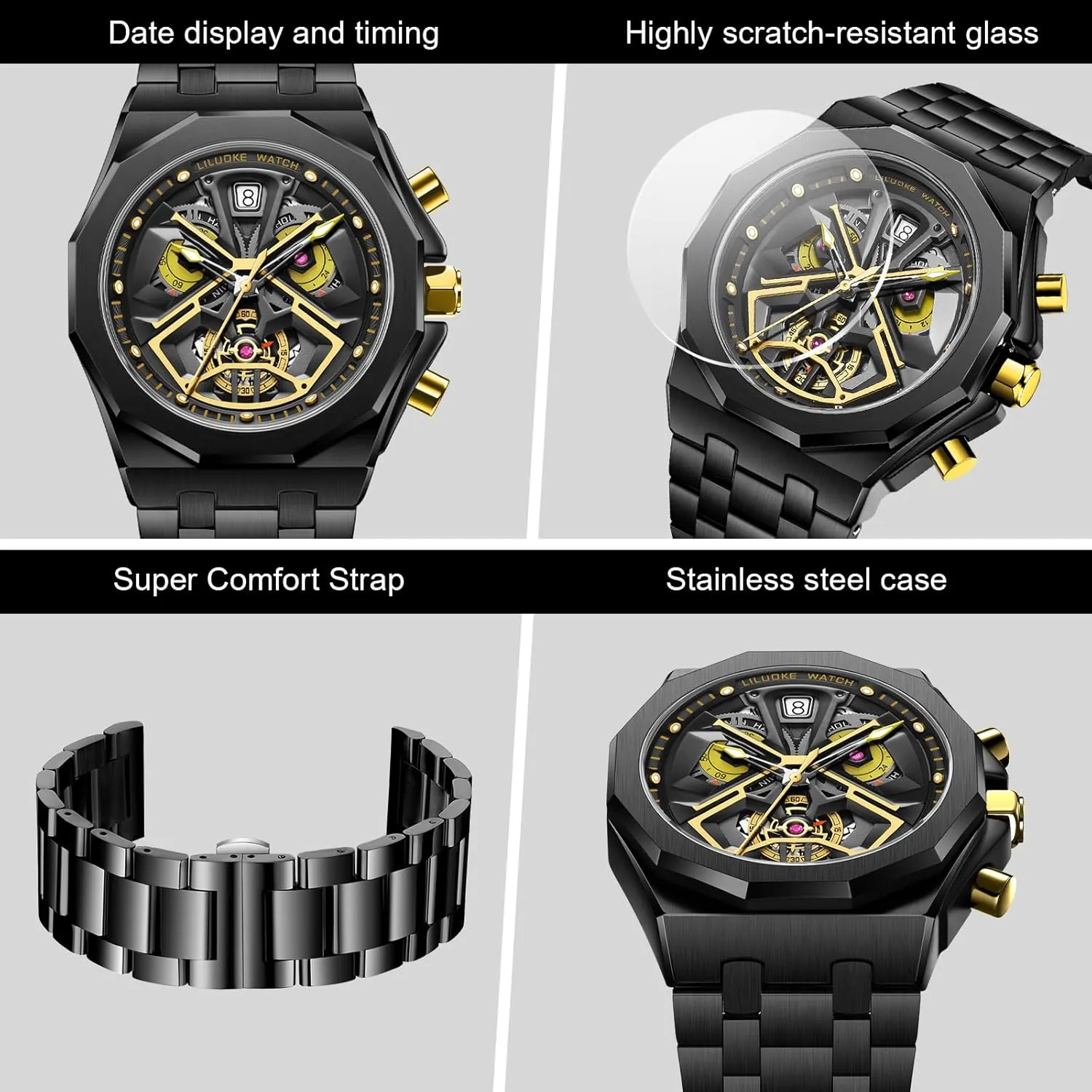 Watch for Men Unique Gifts for Men Mens Watches, Wrist Watches Luminous Design, Big Face Fashion Quartz Black Watch 30ATM, rhinoceros concert cease interactive Casual 