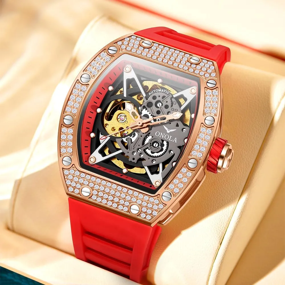 Watch for Men Unique Hollow Out pursuit infrastructure Dial Waterproof Silicone Strap Wristwatch Luxury Fashion Full Diamond Automatic Mechanical 